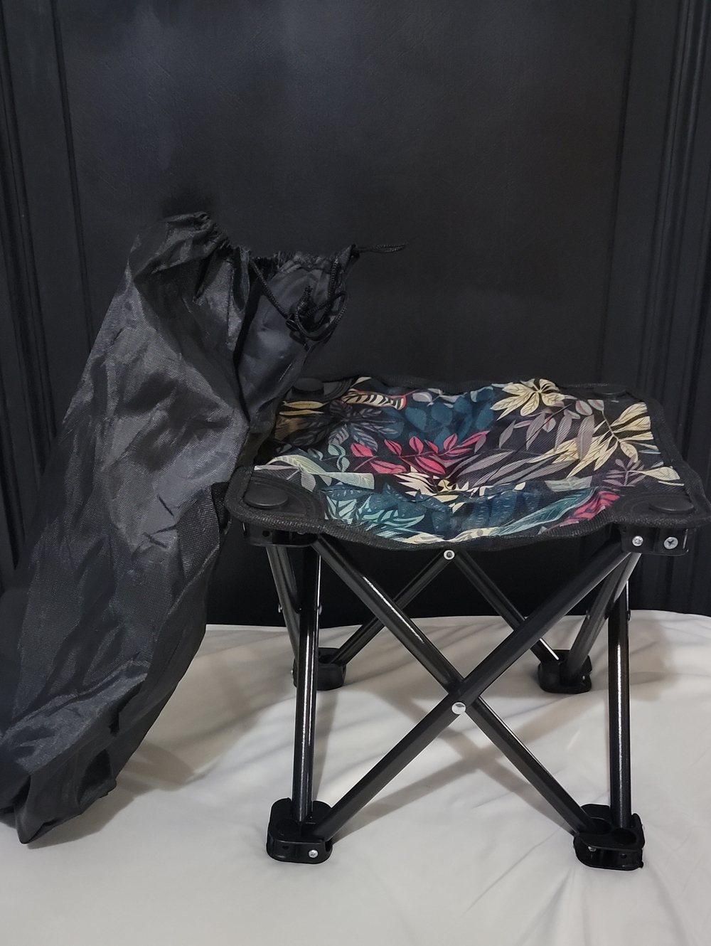 Folding Stool with Multicolor Tropical Leaf Seat and Black Frame